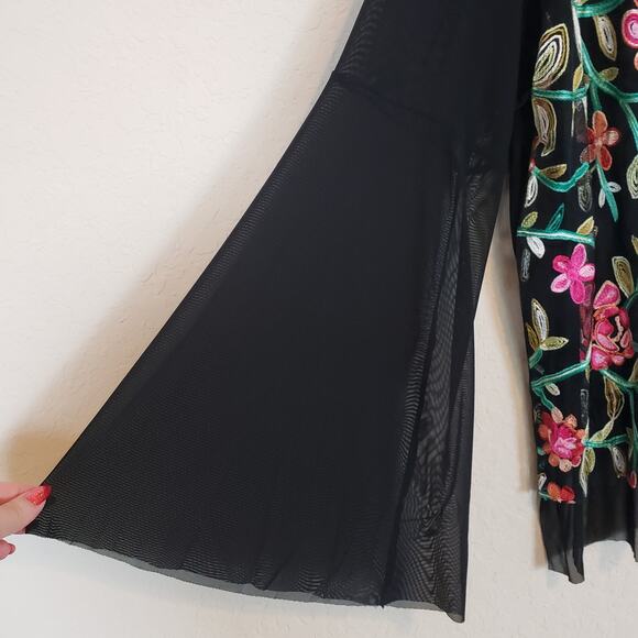 Elvi Black & Pink Flower Embroidered Long Bell Sleeve Mesh Sheer Blouse Plus 14 - Picture 4 of 8